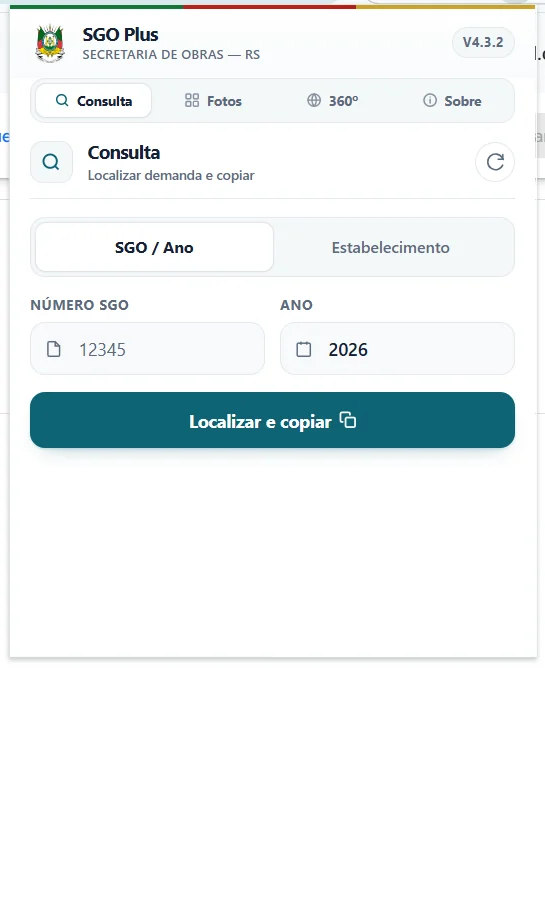 Aba Consulta do SGO Plus com os campos Número SGO 12345 e Ano 2026.