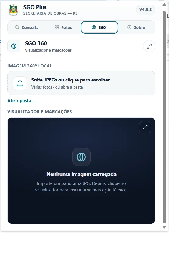 Aba SGO 360 com área para selecionar JPEGs e visualizador sem imagem carregada.