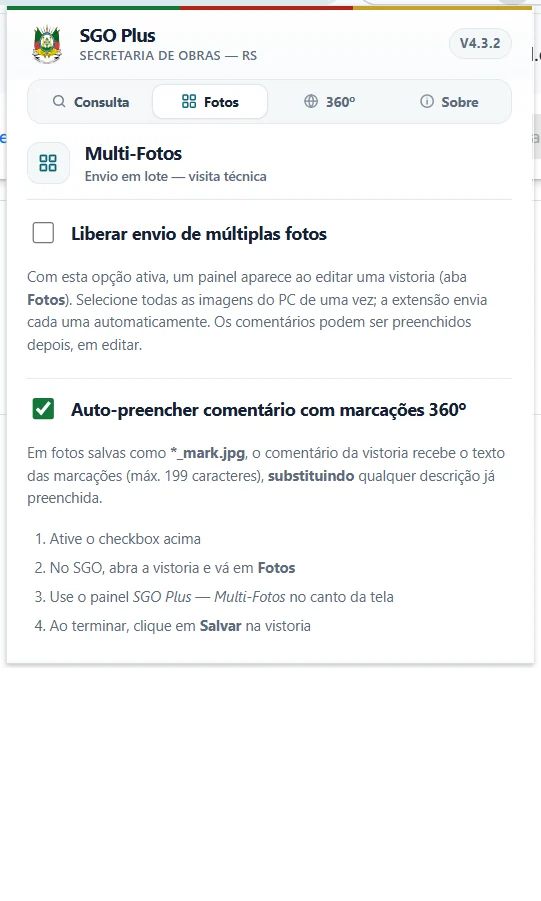 Aba Fotos do SGO Plus com envio de múltiplas fotos desmarcado e preenchimento por marcações 360 graus marcado.